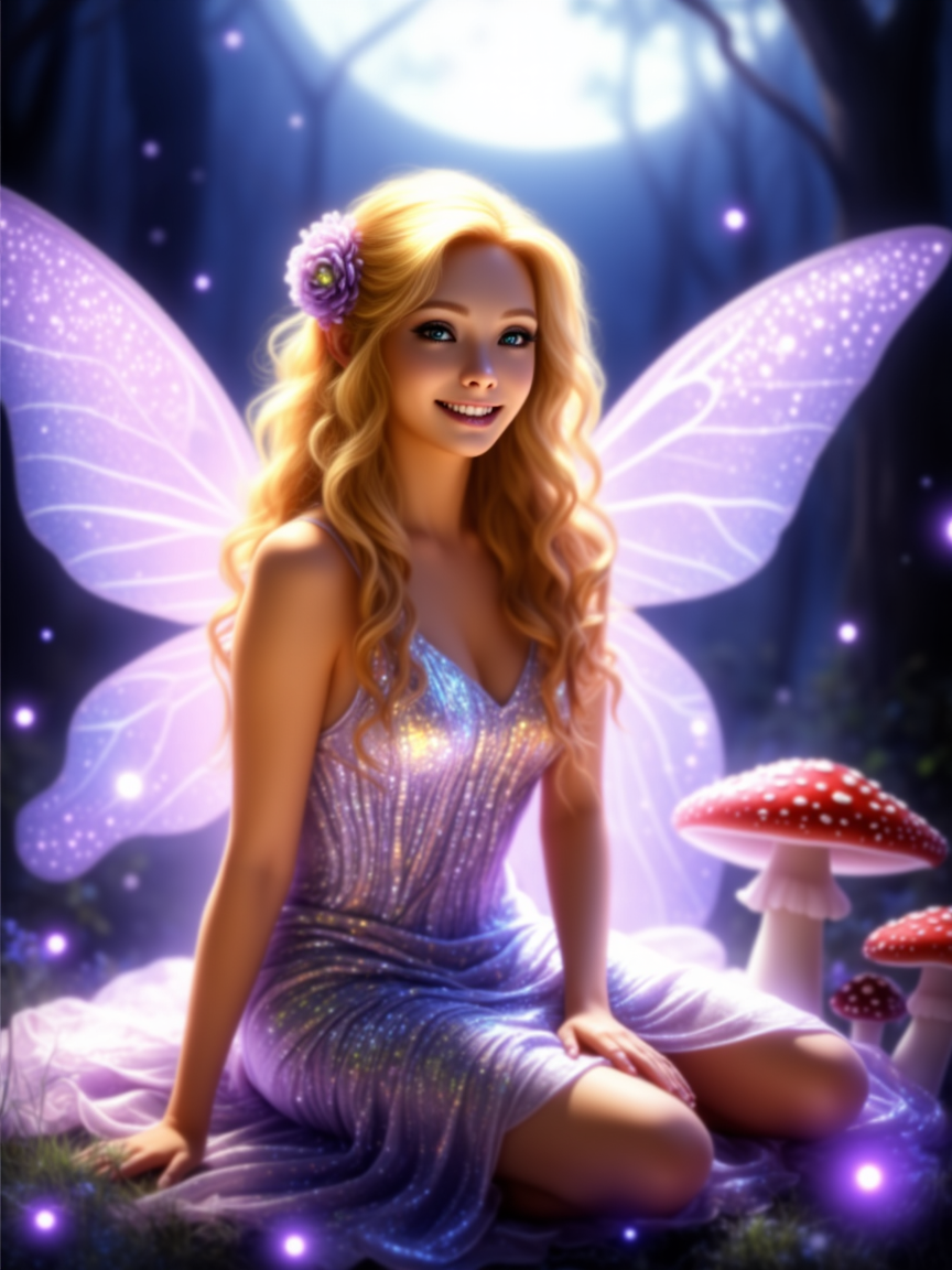 Alice — sparkling fairy waifu in a lavender dress, smiling with pastel wings.
