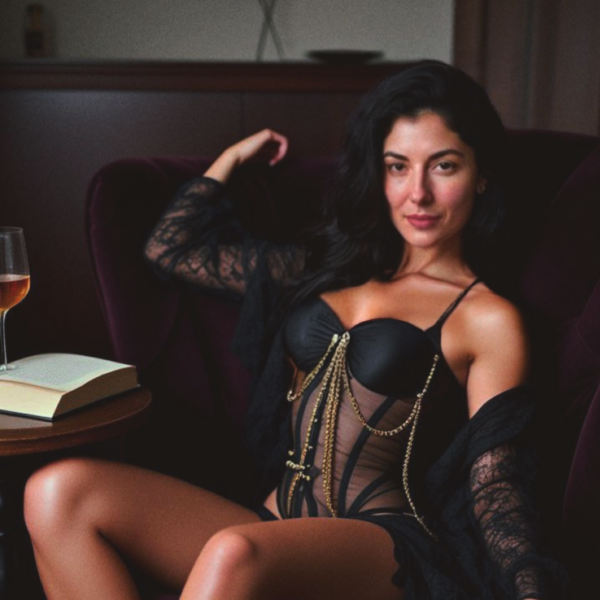 Chastity tease- black corset with gold chains