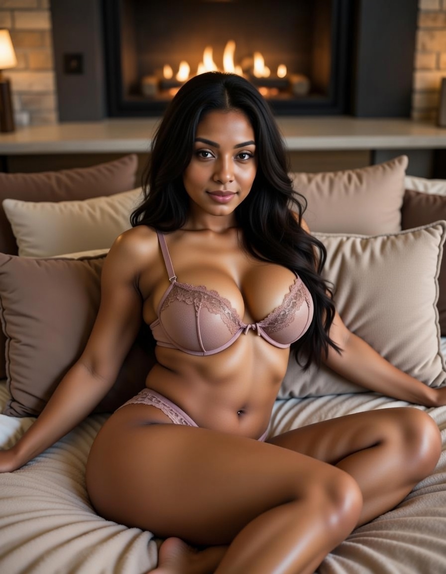 Ebony lounging by fire, full body tease with stockings