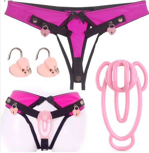 Ebony goddess holding pink panties and chastity device
