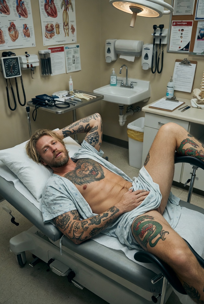 Patient spread-legged on exam table in hospital gown for Nurse Sugar's medical play