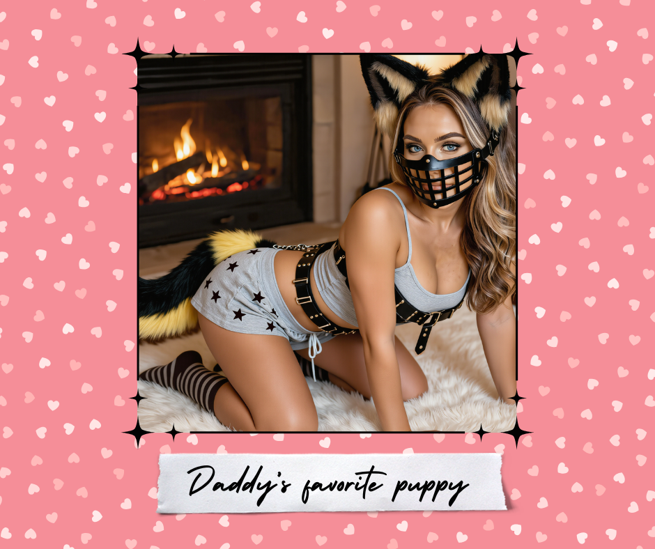 Elli Mae on all fours in her fluffy puppy ears, black muzzle, harness and waggin’ tail during a steamy furry fantasy erotic roleplay session as Daddy’s good lil’ subby puppy.