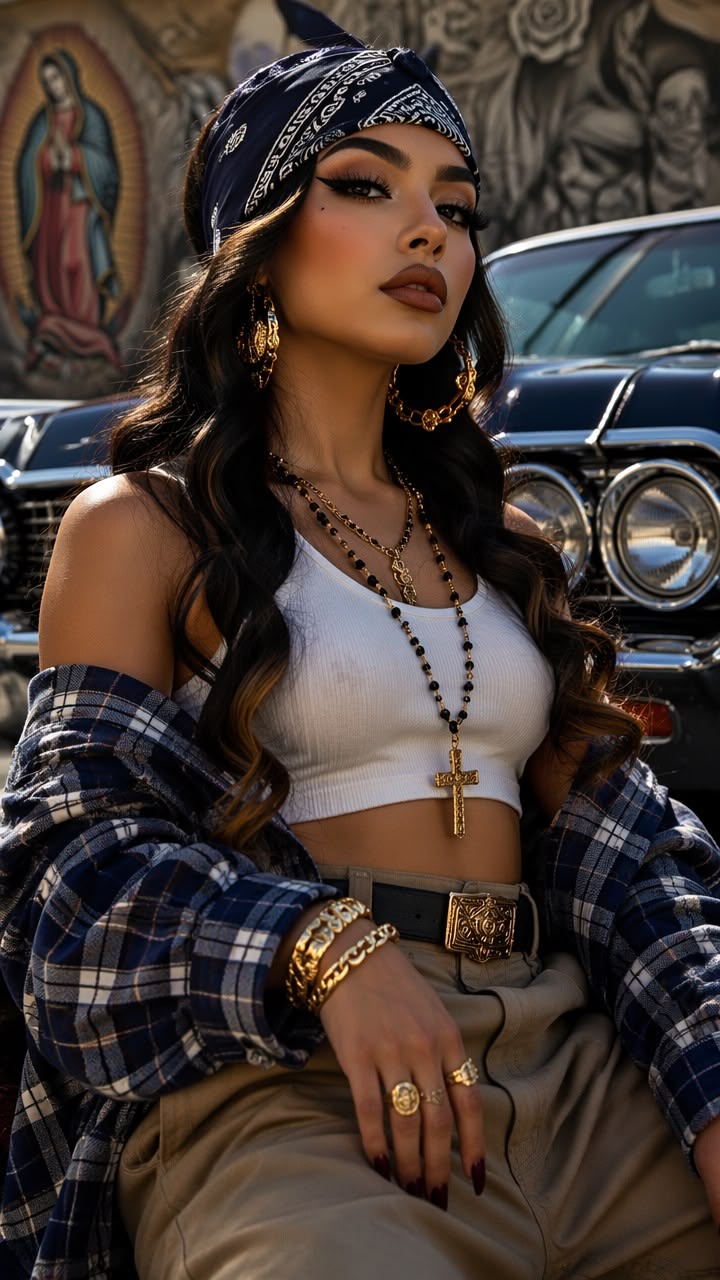 Jazmine as NYC bad gal in bandana, gold chains, crop top and plaid shirt
