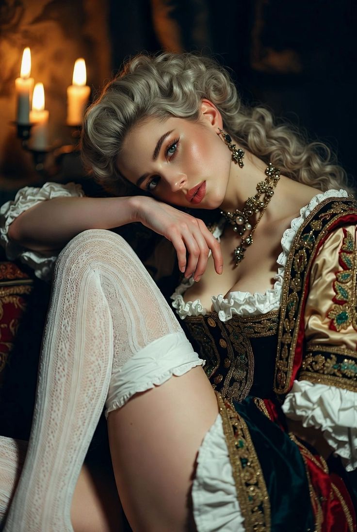 Lady Casey in court dress by candlelight — lace hose, jewelled collar, and the look that started the pegging rumour