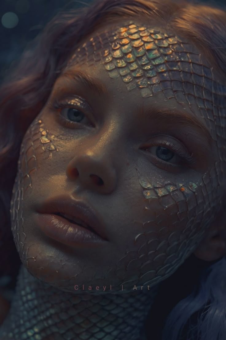 Quinn after the transformation – iridescent scales blooming across her face and throat