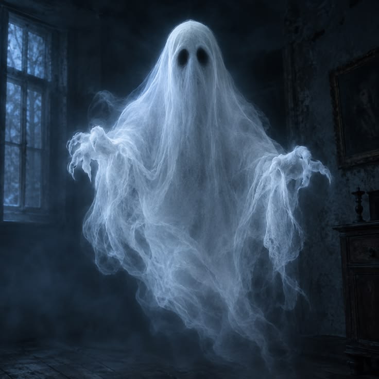 creepy basement ghost floating in haunted room Halloween